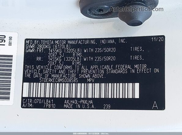 5TDERKEC8MS008585 2021 TOYOTA SIENNA White Widok komory silnika