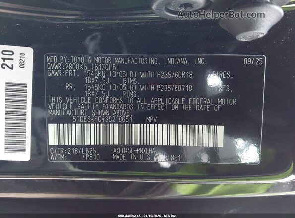 5TDESKFC4SS218651 2025 TOYOTA SIENNA Черный Вид подкапотного пространства