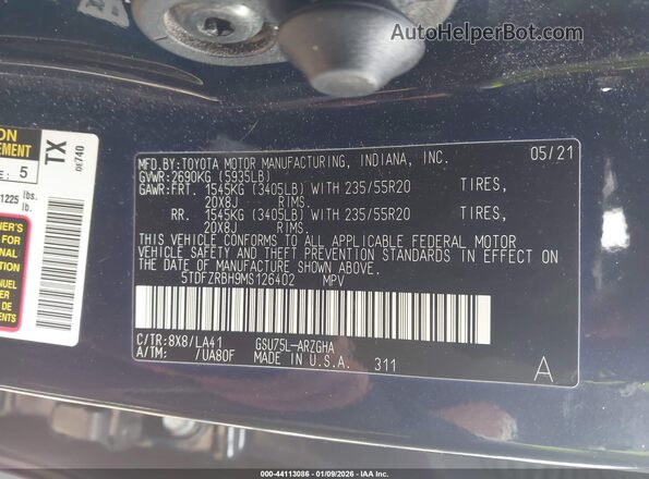 5TDFZRBH9MS126402 2021 TOYOTA HIGHLANDER Синий Вид подкапотного пространства