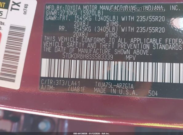 5TDKDRBH8SS583339 2025 TOYOTA HIGHLANDER Maroon Widok komory silnika