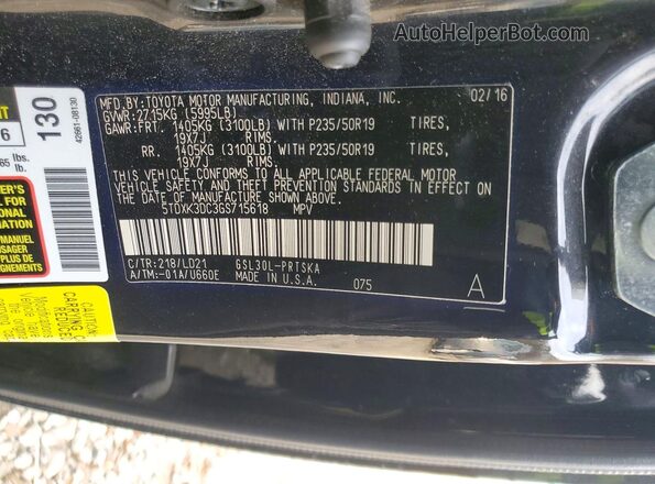 5TDXK3DC3GS715618 2016 TOYOTA SIENNA Черный Вид наклейки с VIN-кодом