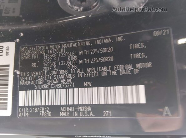5TDXRKEC2NS075371 2022 TOYOTA SIENNA Черный Вид подкапотного пространства