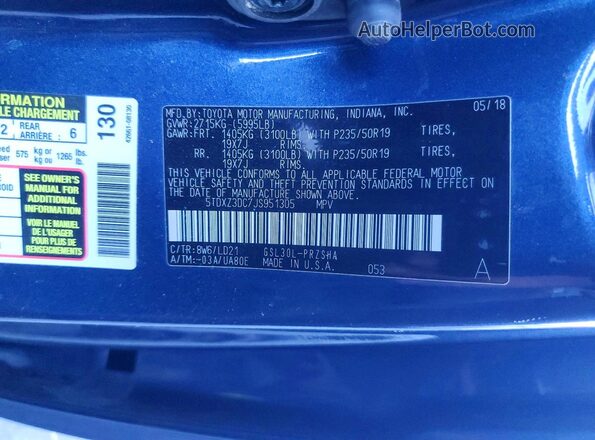 5TDXZ3DC7JS951305 2018 TOYOTA SIENNA Blue VIN კოდის სტიკერის ხედი