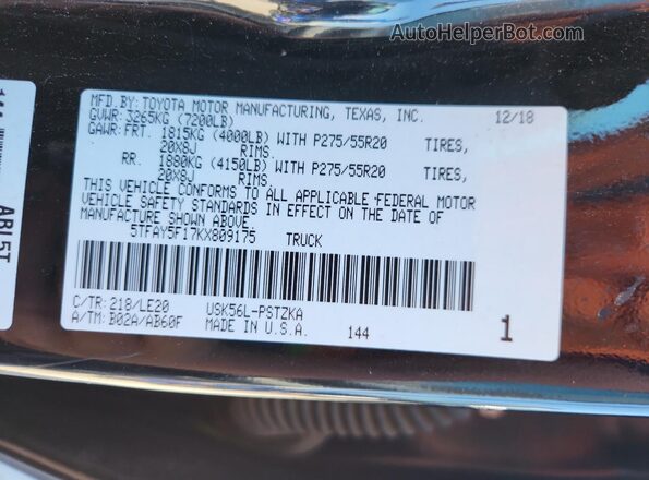 5TFAY5F17KX809175 2019 TOYOTA TUNDRA Black Engine compartment view