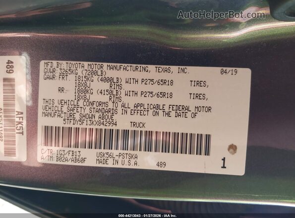 5TFDY5F13KX842994 2019 TOYOTA TUNDRA Gray Vista del compartimento del motor