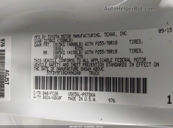 5TFDY5F18GX496240 2016 TOYOTA TUNDRA Белый Вид подкапотного пространства