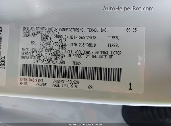 5TFLA5DB0TX345365 2026 TOYOTA TUNDRA Белый Вид подкапотного пространства