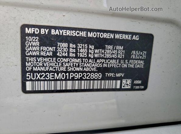 5UX23EM01P9P32889 2023 BMW X7 White Vista de la etiqueta del VIN