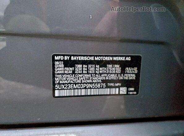 5UX23EM03P9N55875 2023 BMW X7 Gray Widok naklejki z numerem VIN