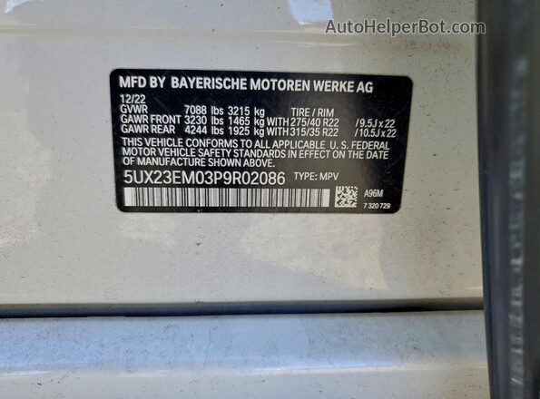 5UX23EM03P9R02086 2023 BMW X7 White Вид наклейки з VIN-кодом