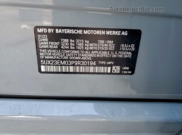5UX23EM03P9R30194 2023 BMW X7 Gray Vista de la etiqueta del VIN