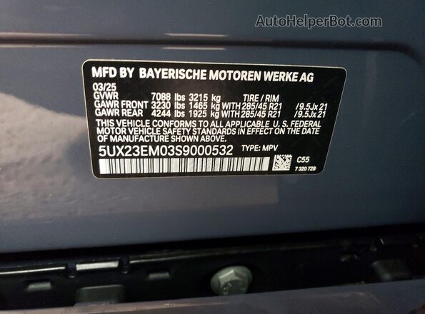 5UX23EM03S9000532 2025 BMW X7 Gray VIN კოდის სტიკერის ხედი