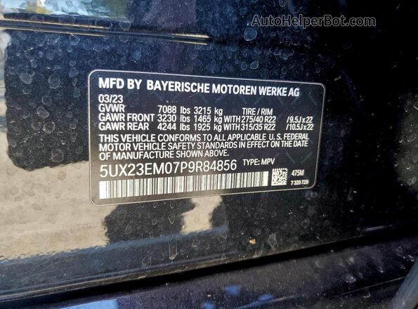 5UX23EM07P9R84856 2023 BMW X7 Черный Вид наклейки с VIN-кодом
