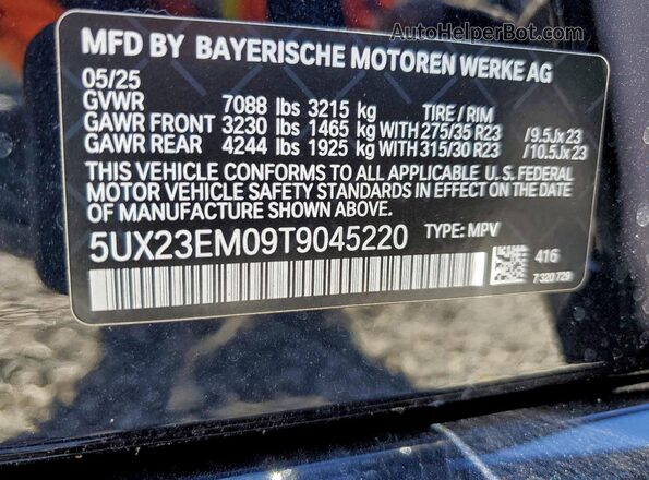 5UX23EM09T9045220 2026 BMW X7 Blue Vista interior de 360 grados