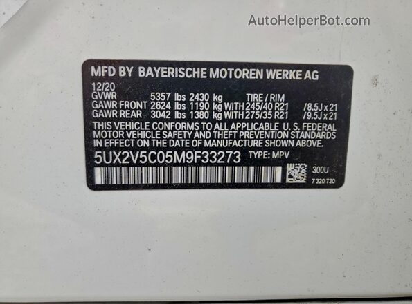 5UX2V5C05M9F33273 2021 BMW X4 Белый Вид наклейки с VIN-кодом