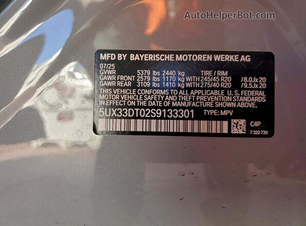 5UX33DT02S9133301 2025 BMW X4 Gray Widok naklejki z numerem VIN