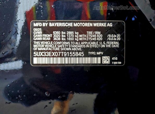 5UX33EX07T9155845 2026 BMW X6 Blue Вид наклейки з VIN-кодом