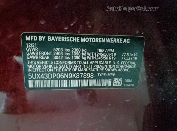 5UX43DP06N9K87898 2022 BMW X3 Бордовый Вид наклейки с VIN-кодом
