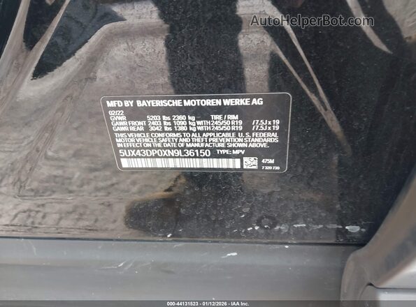 5UX43DP0XN9L36150 2022 BMW X3 Black Widok komory silnika