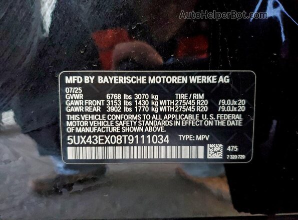 5UX43EX08T9111034 2026 BMW X6 Black Widok naklejki z numerem VIN