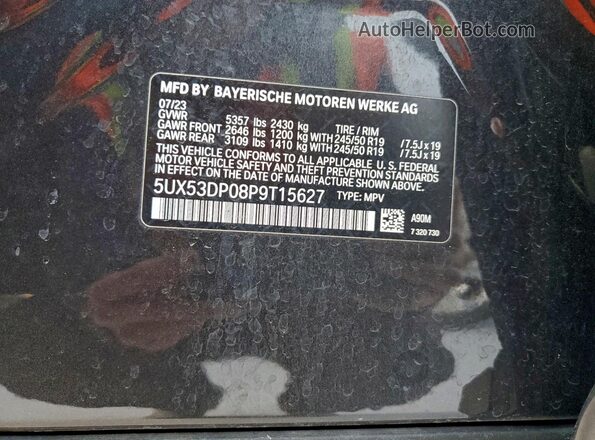 5UX53DP08P9T15627 2023 BMW X3 Black Вид наклейки з VIN-кодом