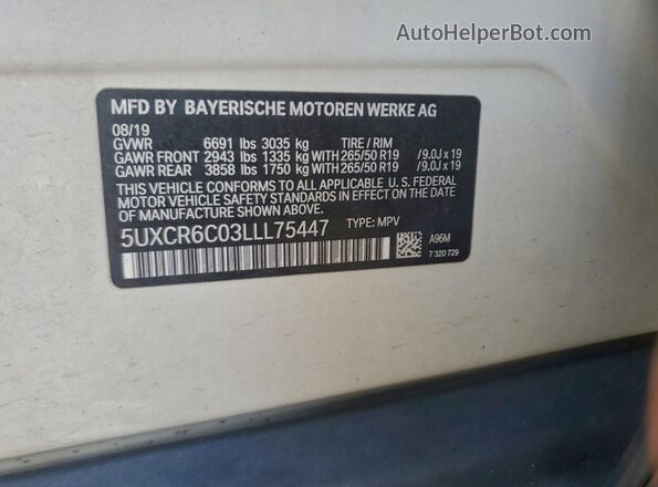 5UXCR6C03LLL75447 2020 BMW X5 Белый Вид наклейки с VIN-кодом