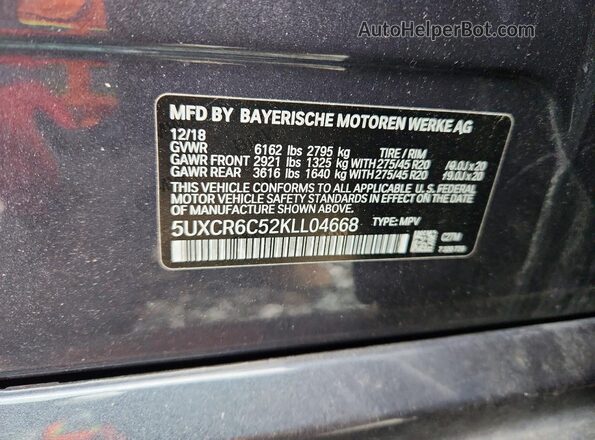 5UXCR6C52KLL04668 2019 BMW X5 Gray Vista de la etiqueta del VIN