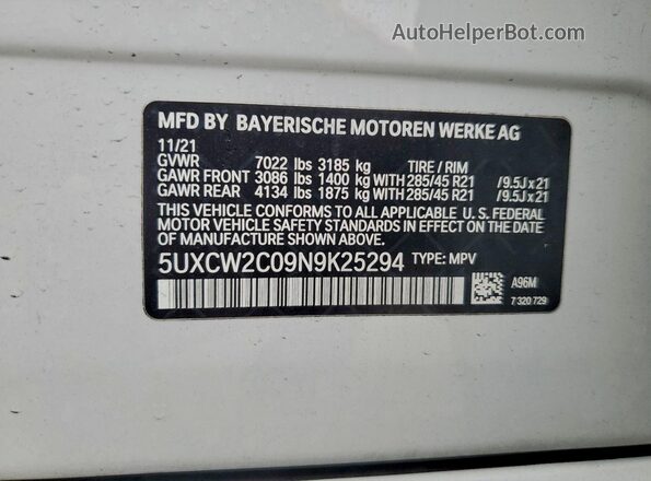 5UXCW2C09N9K25294 2022 BMW X7 Белый Вид наклейки с VIN-кодом