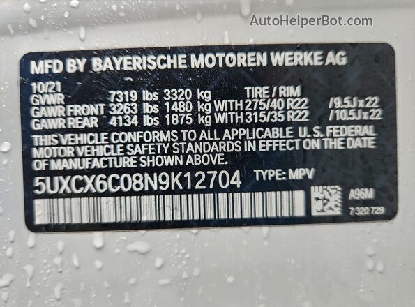 5UXCX6C08N9K12704 2022 BMW X7 White VIN sticker view