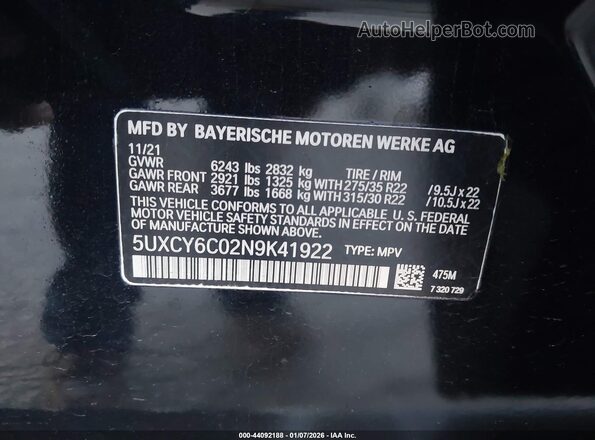 5UXCY6C02N9K41922 2022 BMW X6 Black Widok komory silnika