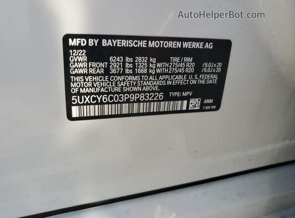 5UXCY6C03P9P83226 2023 BMW X6 Белый Вид наклейки с VIN-кодом