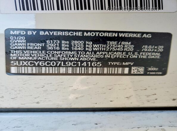 5UXCY6C07L9C14165 2020 BMW X6 White Widok naklejki z numerem VIN