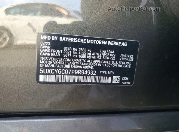 5UXCY6C07P9R94932 2023 BMW X6 Зеленый Вид наклейки с VIN-кодом
