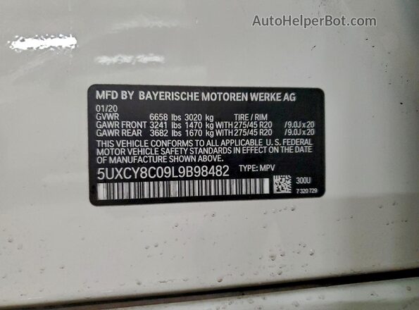 5UXCY8C09L9B98482 2020 BMW X6 White Vista de la etiqueta del VIN