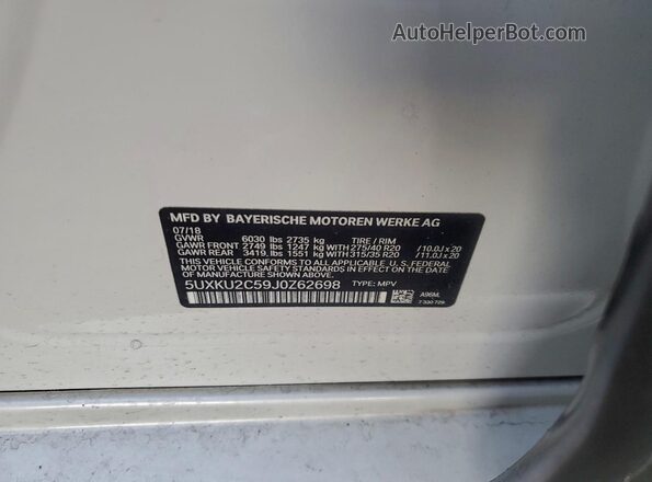 5UXKU2C59J0Z62698 2018 BMW X6 Белый Вид наклейки с VIN-кодом