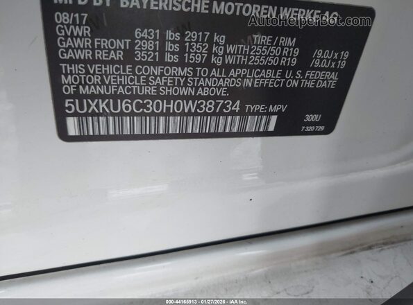 5UXKU6C30H0W38734 2017 BMW X6 White ძრავის განყოფილების ხედი