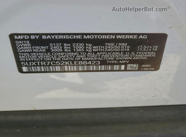 5UXTR7C52KLE88423 2019 BMW X3 White Widok wnętrza 360 stopni
