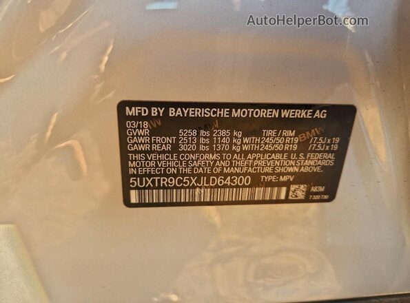 5UXTR9C5XJLD64300 2018 BMW X3 Серебряный Вид наклейки с VIN-кодом