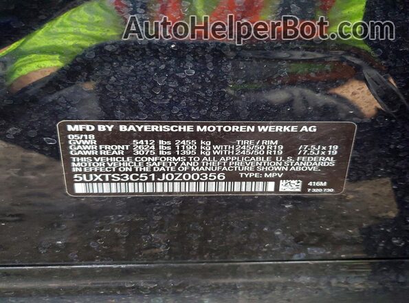 5UXTS3C51J0Z00356 2018 BMW X3 Синий Вид наклейки с VIN-кодом