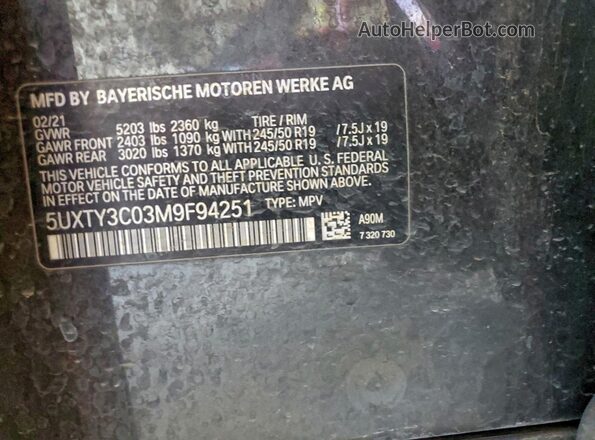 5UXTY3C03M9F94251 2021 BMW X3 Серый Панорамный вид салона 360°