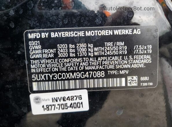 5UXTY3C0XM9G47088 2021 BMW X3 Черный Вид наклейки с VIN-кодом