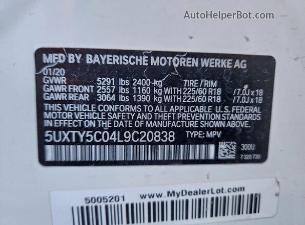 5UXTY5C04L9C20838 2020 BMW X3 Белый Вид наклейки с VIN-кодом