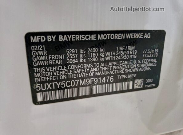 5UXTY5C07M9F91476 2021 BMW X3 White Widok wnętrza 360 stopni