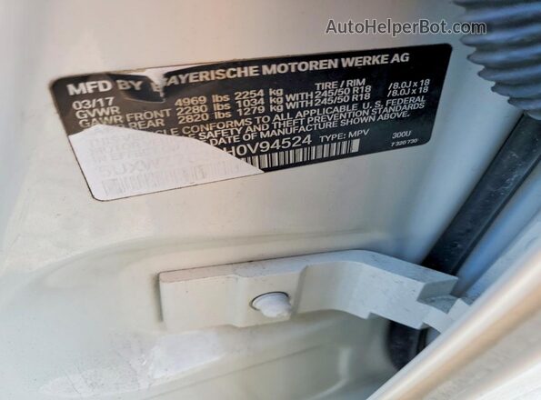5UXWZ7C38H0V94524 2017 BMW X3 Белый Вид наклейки с VIN-кодом