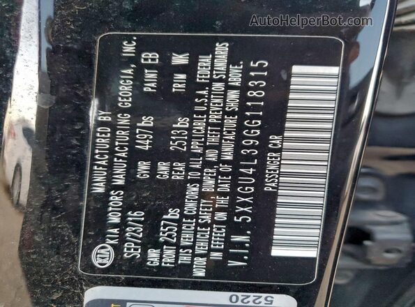 5XXGU4L39GG118315 2016 KIA OPTIMA Black Շարժիչի բաժամունքի տեսք