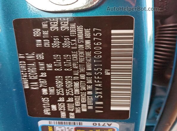 5XYAFFS51TG006757 2026 KIA EV9 Синий Вид наклейки с VIN-кодом