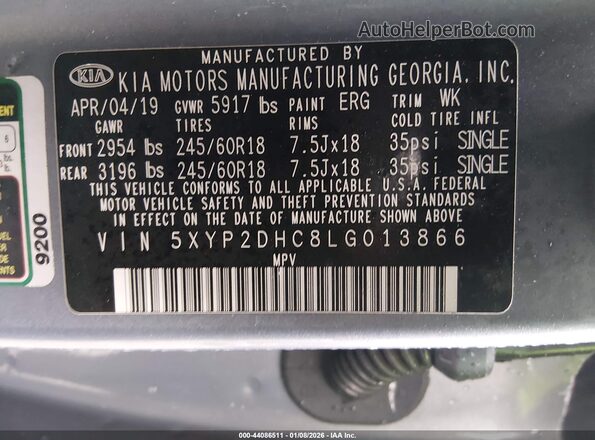 5XYP2DHC8LG013866 2020 KIA TELLURIDE Gray Вид підкапотного простору