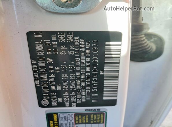 5XYP34HCXLG010979 2020 KIA TELLURIDE White VIN კოდის სტიკერის ხედი