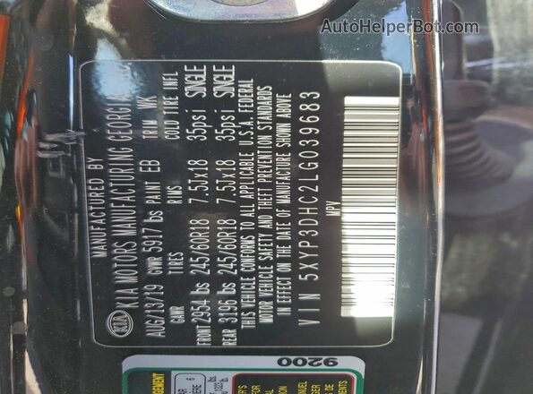 5XYP3DHC2LG039683 2020 KIA TELLURIDE Black Widok naklejki z numerem VIN