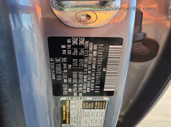 5XYP3DHC6NG264174 2022 KIA TELLURIDE Серый Вид наклейки с VIN-кодом